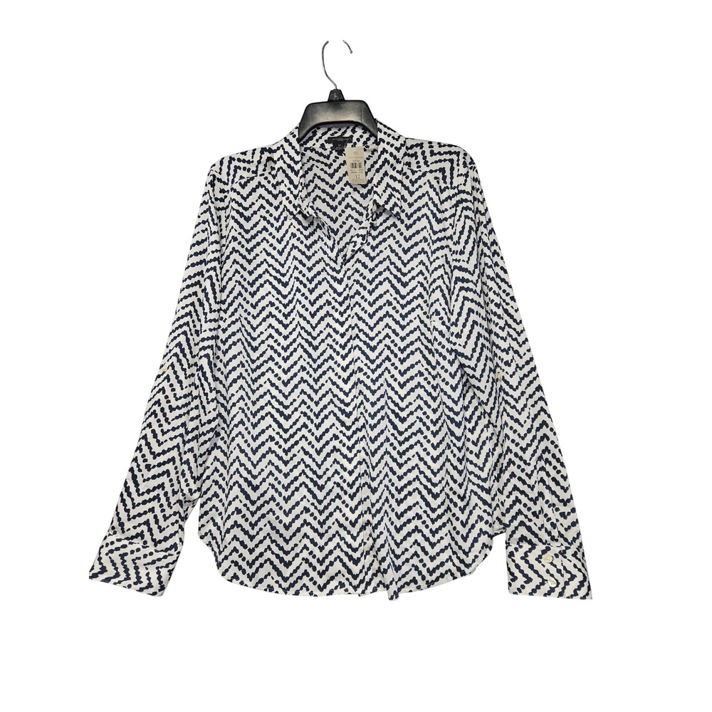 Ann Taylor Navy White Chevron Zig Zag Roll Tab Button Down Blouse 12 NWT